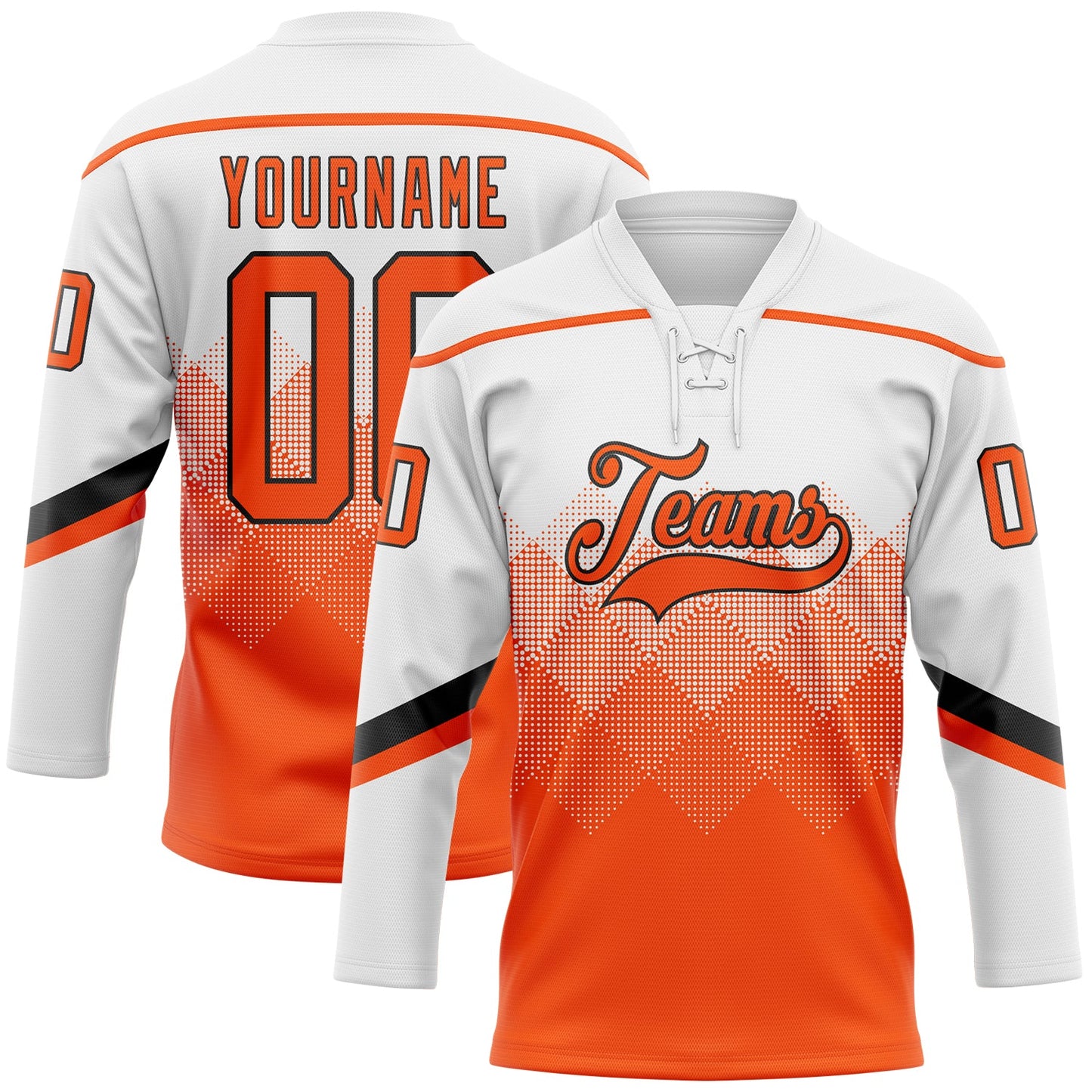 Custom White Orange-Black 3D Pattern Gradient Square Shapes Hockey Lace Neck Jersey - Main View