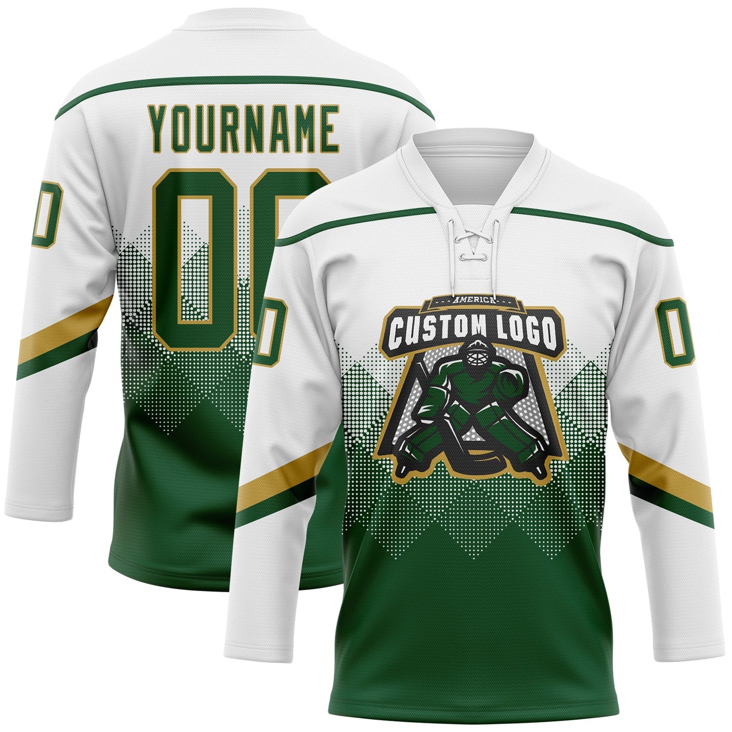 Custom White Green-Old Gold 3D Pattern Gradient Square Shapes Hockey Lace Neck Jersey view 2