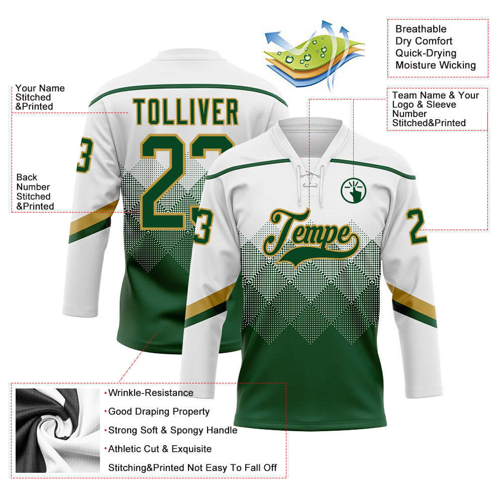 Custom White Green-Old Gold 3D Pattern Gradient Square Shapes Hockey Lace Neck Jersey view 3