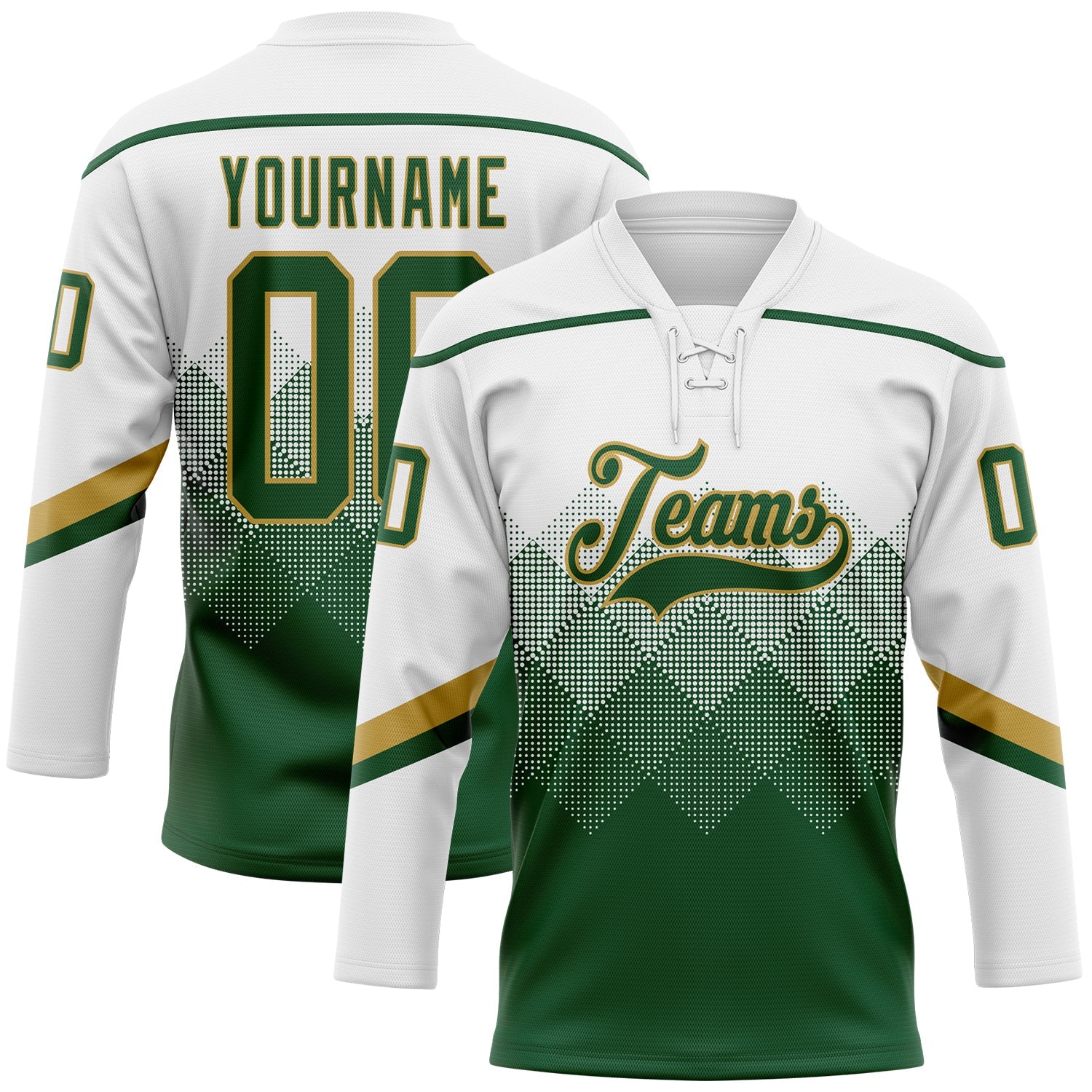 Custom White Green-Old Gold 3D Pattern Gradient Square Shapes Hockey Lace Neck Jersey - Main View