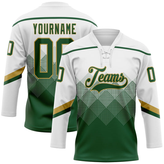 Custom White Green-Old Gold 3D Pattern Gradient Square Shapes Hockey Lace Neck Jersey - Main View