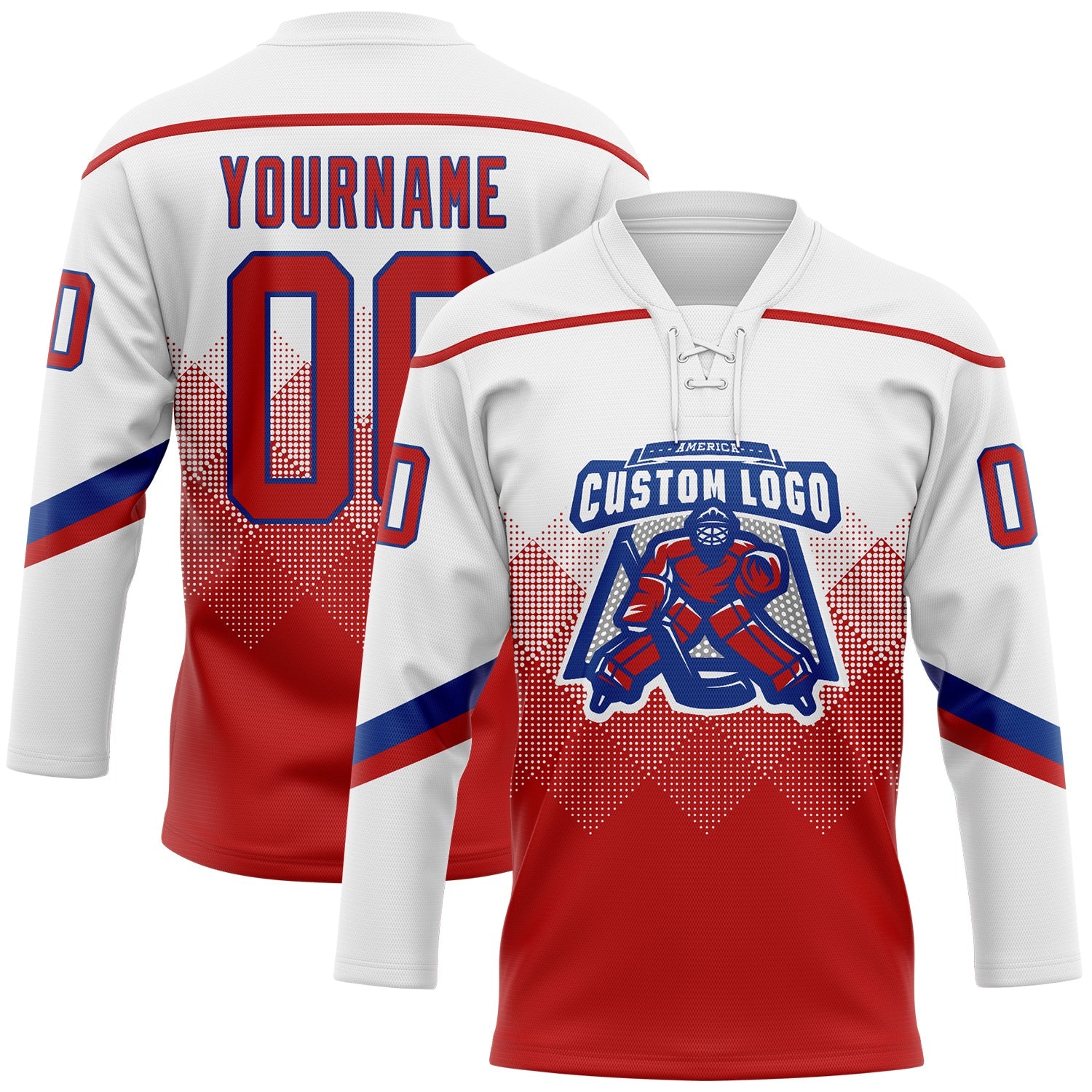 Custom White Red-Royal 3D Pattern Gradient Square Shapes Hockey Lace Neck Jersey view 2