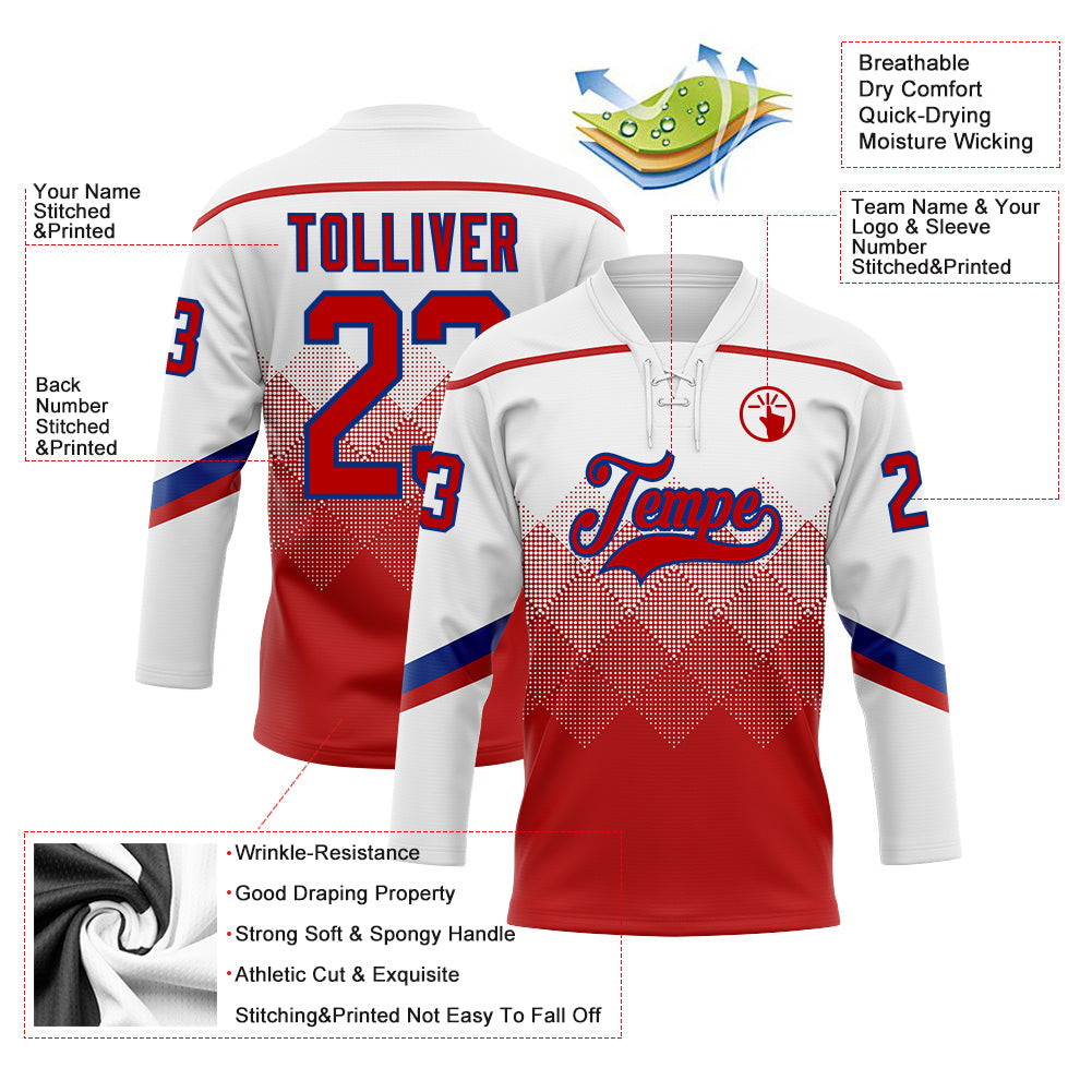 Custom White Red-Royal 3D Pattern Gradient Square Shapes Hockey Lace Neck Jersey view 3
