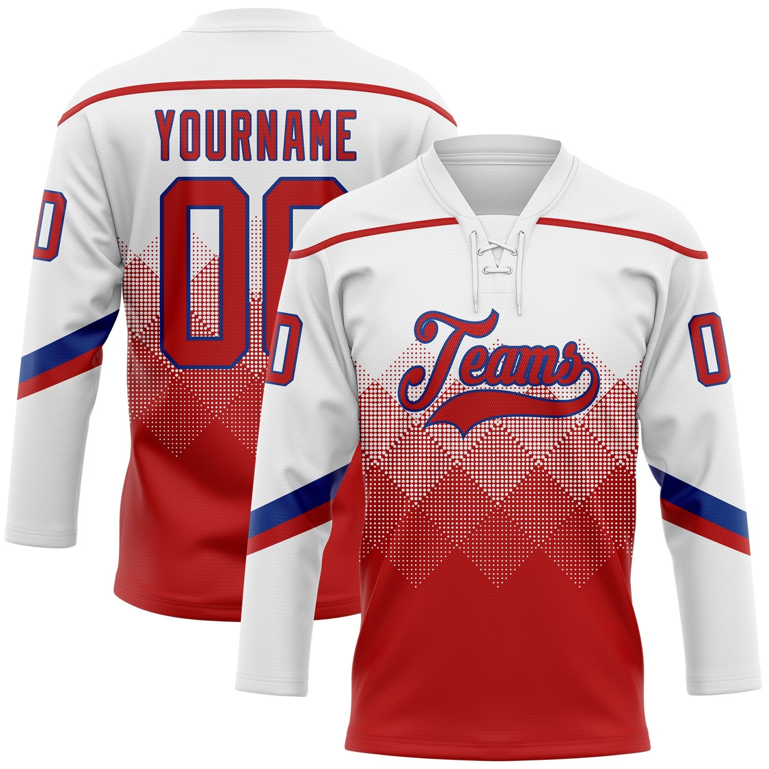 Custom White Red-Royal 3D Pattern Gradient Square Shapes Hockey Lace Neck Jersey - Main View