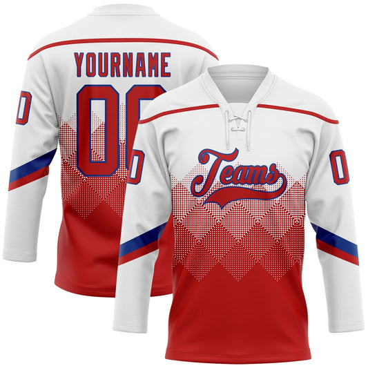 Custom White Red-Royal 3D Pattern Gradient Square Shapes Hockey Lace Neck Jersey - Main View