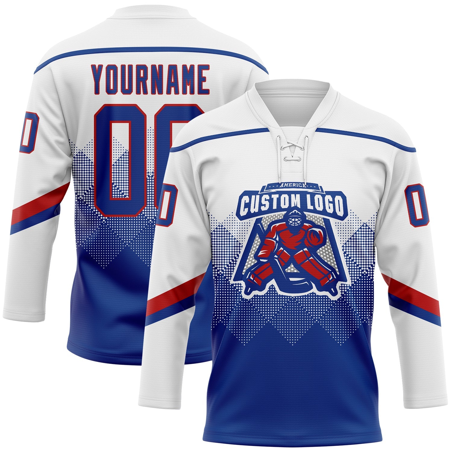 Custom White Royal-Red 3D Pattern Gradient Square Shapes Hockey Lace Neck Jersey view 2