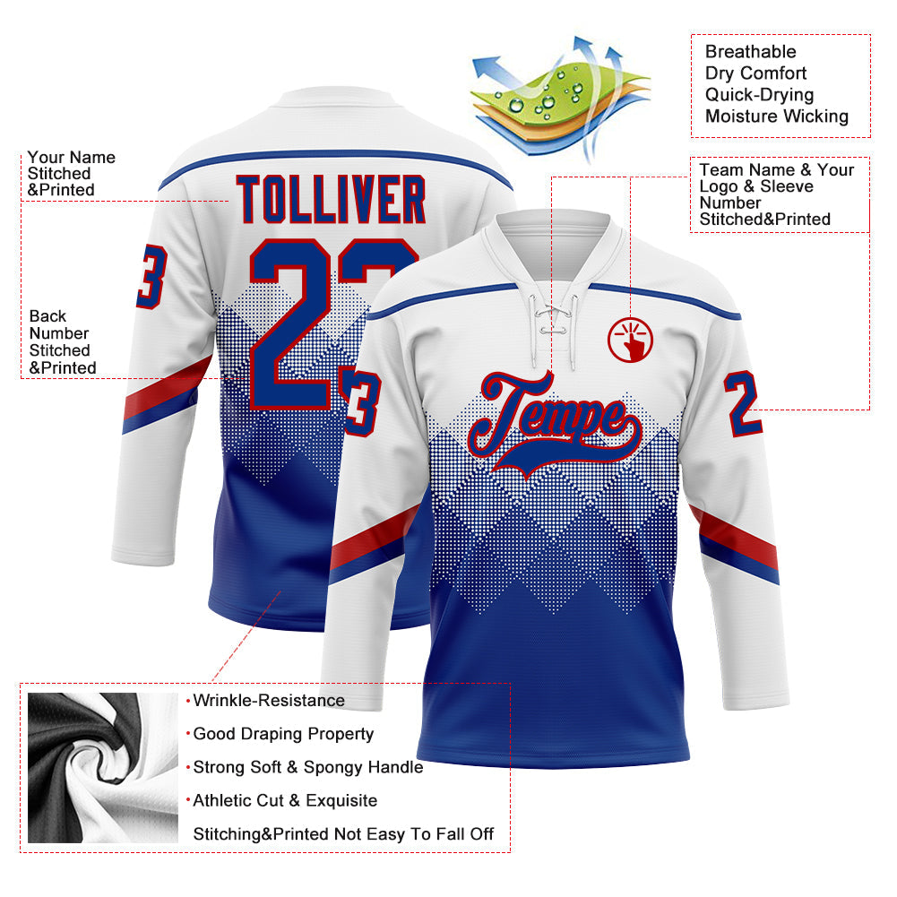Custom White Royal-Red 3D Pattern Gradient Square Shapes Hockey Lace Neck Jersey view 3