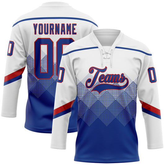 Custom White Royal-Red 3D Pattern Gradient Square Shapes Hockey Lace Neck Jersey - Main View