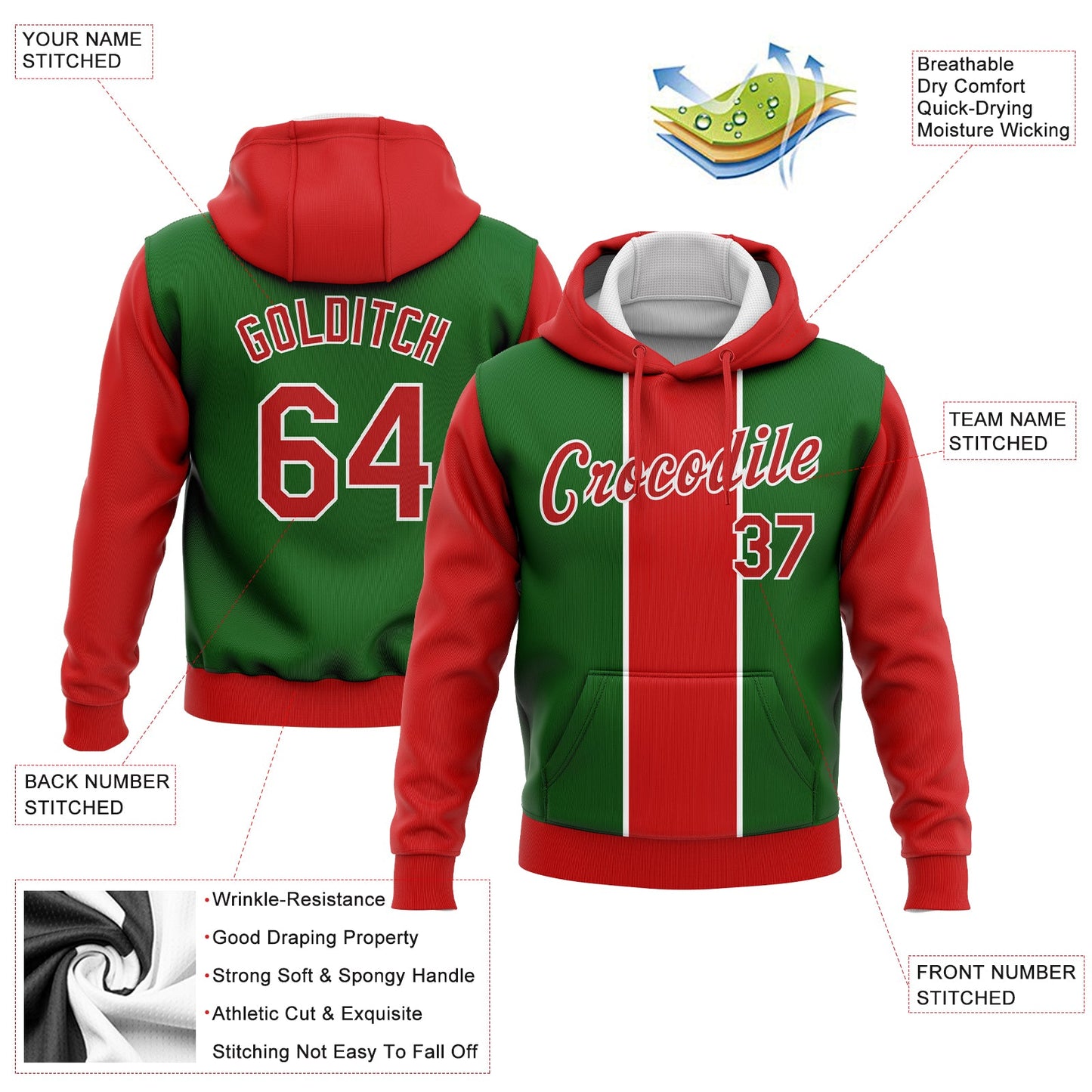 Custom Stitched Kelly Green Red-White 3D Christmas Sports Pullover Sweatshirt Hoodie view 2