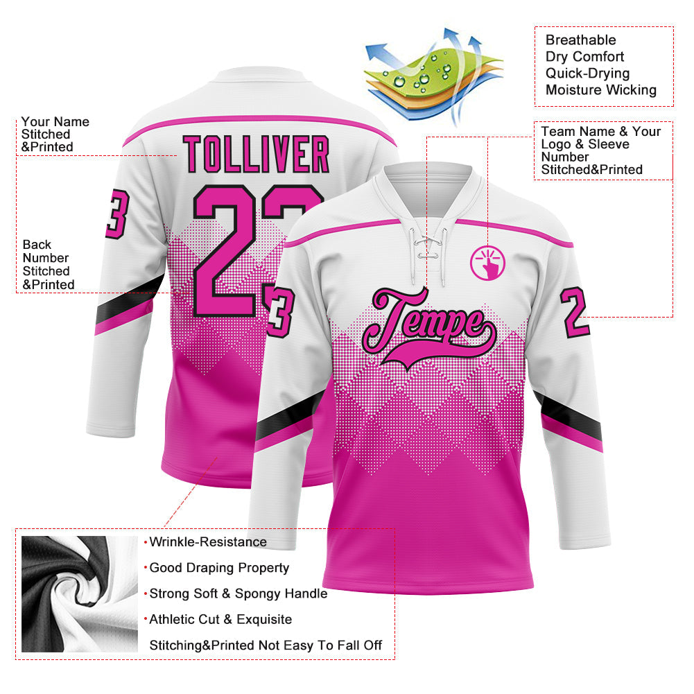Custom White Deep Pink-Black 3D Pattern Gradient Square Shapes Hockey Lace Neck Jersey view 3