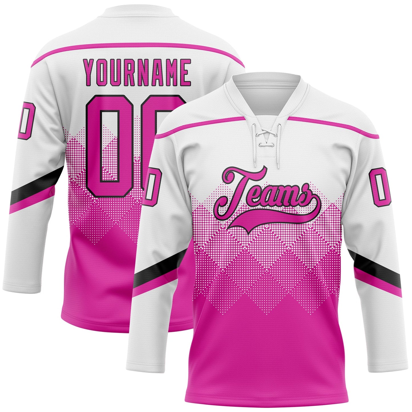 Custom White Deep Pink-Black 3D Pattern Gradient Square Shapes Hockey Lace Neck Jersey - Main View