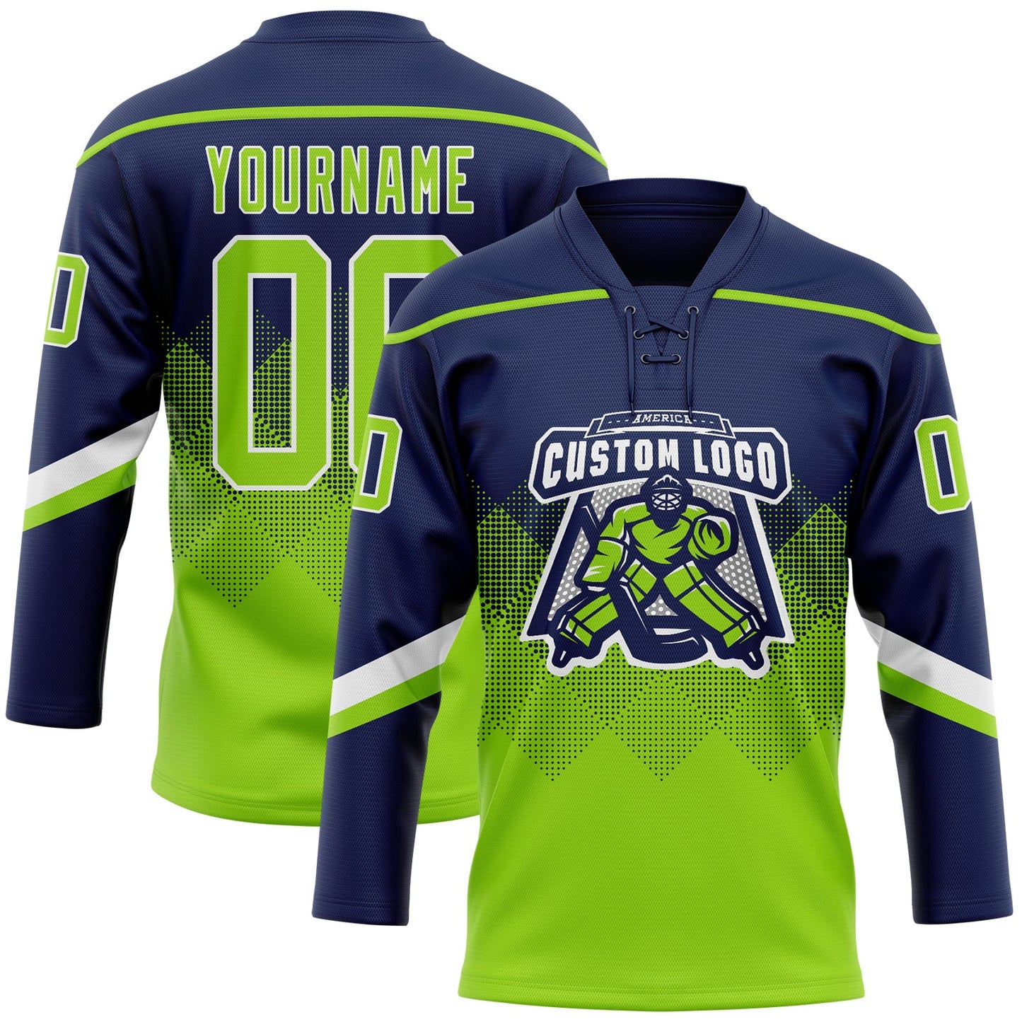 Custom Navy Neon Green-White 3D Pattern Gradient Square Shapes Hockey Lace Neck Jersey view 2