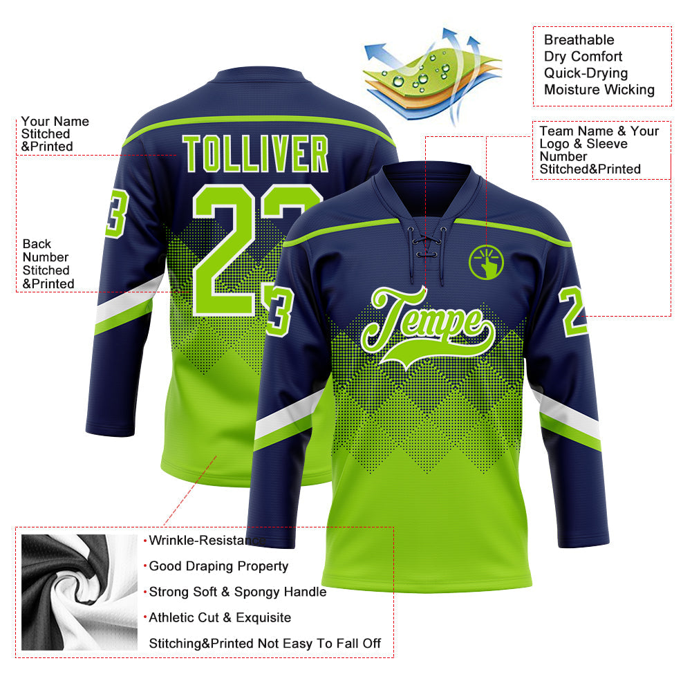 Custom Navy Neon Green-White 3D Pattern Gradient Square Shapes Hockey Lace Neck Jersey view 3
