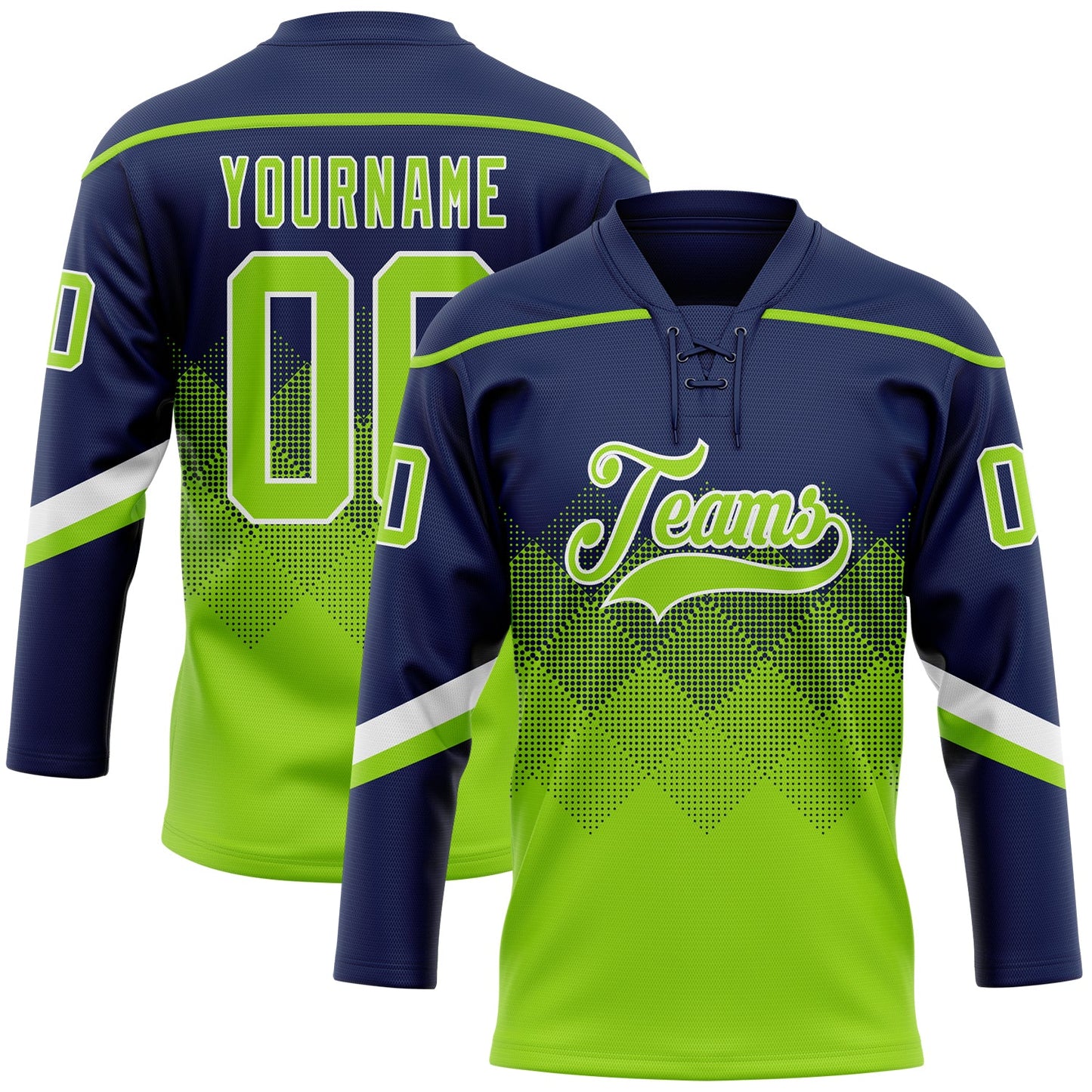 Custom Navy Neon Green-White 3D Pattern Gradient Square Shapes Hockey Lace Neck Jersey - Main View