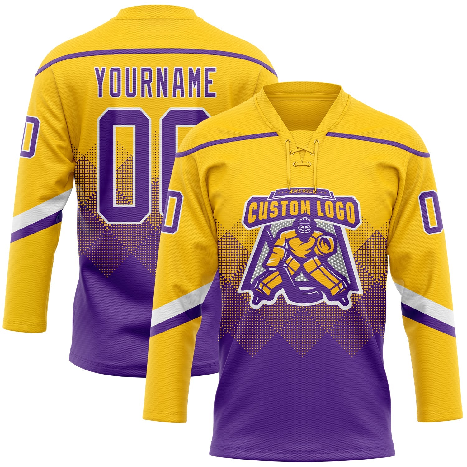 Custom Yellow Purple-White 3D Pattern Gradient Square Shapes Hockey Lace Neck Jersey view 2
