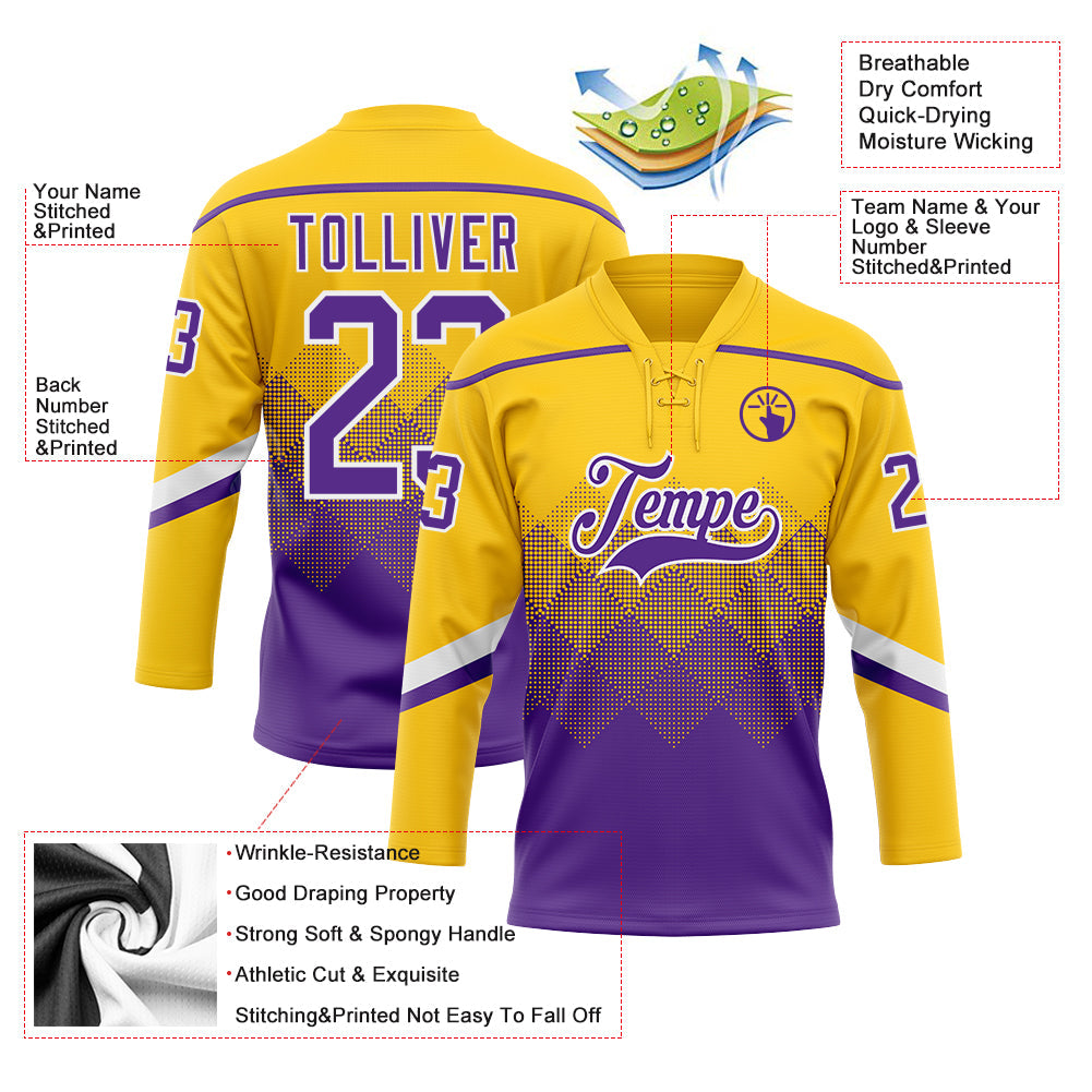 Custom Yellow Purple-White 3D Pattern Gradient Square Shapes Hockey Lace Neck Jersey view 3