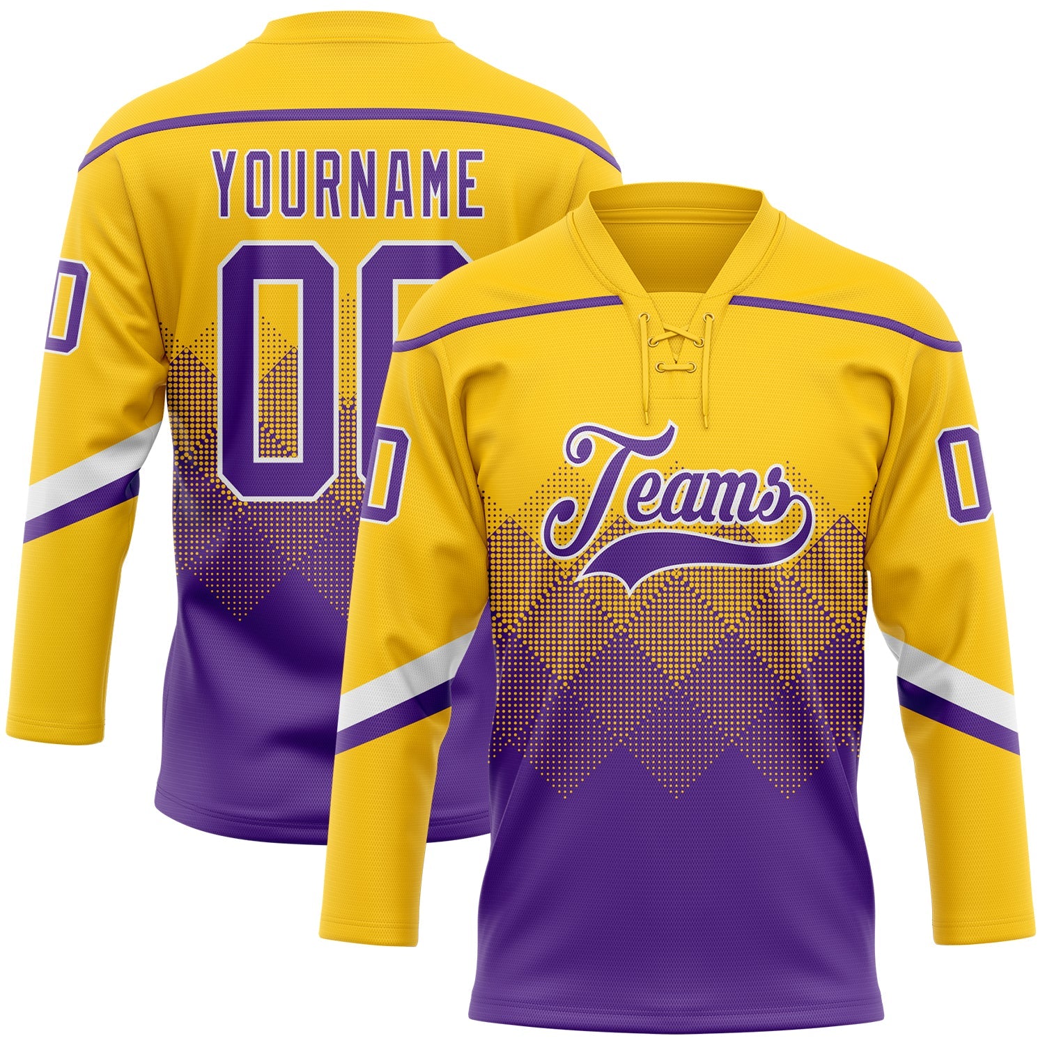 Custom Yellow Purple-White 3D Pattern Gradient Square Shapes Hockey Lace Neck Jersey - Main View
