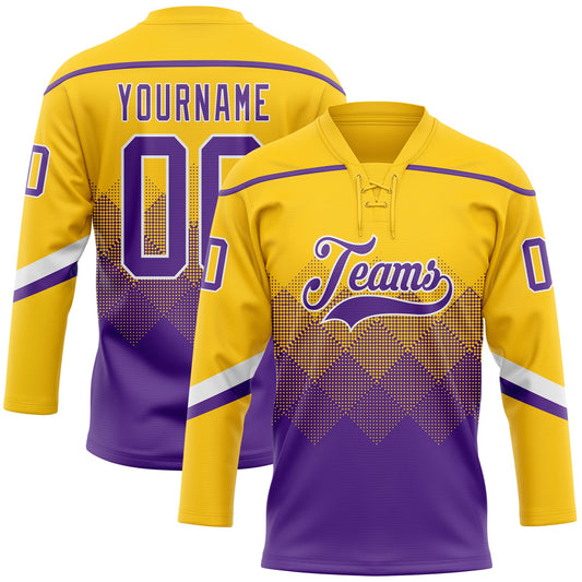 Custom Yellow Purple-White 3D Pattern Gradient Square Shapes Hockey Lace Neck Jersey - Main View