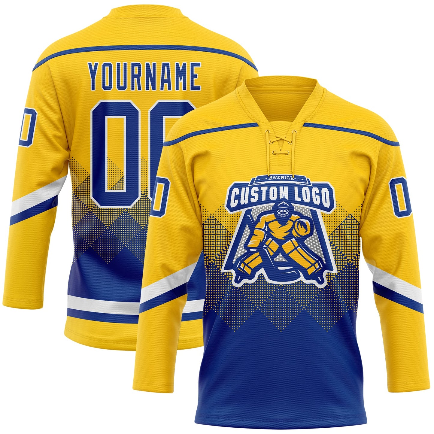 Custom Yellow Royal-White 3D Pattern Gradient Square Shapes Hockey Lace Neck Jersey view 2