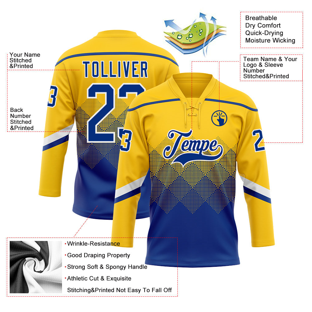 Custom Yellow Royal-White 3D Pattern Gradient Square Shapes Hockey Lace Neck Jersey view 3