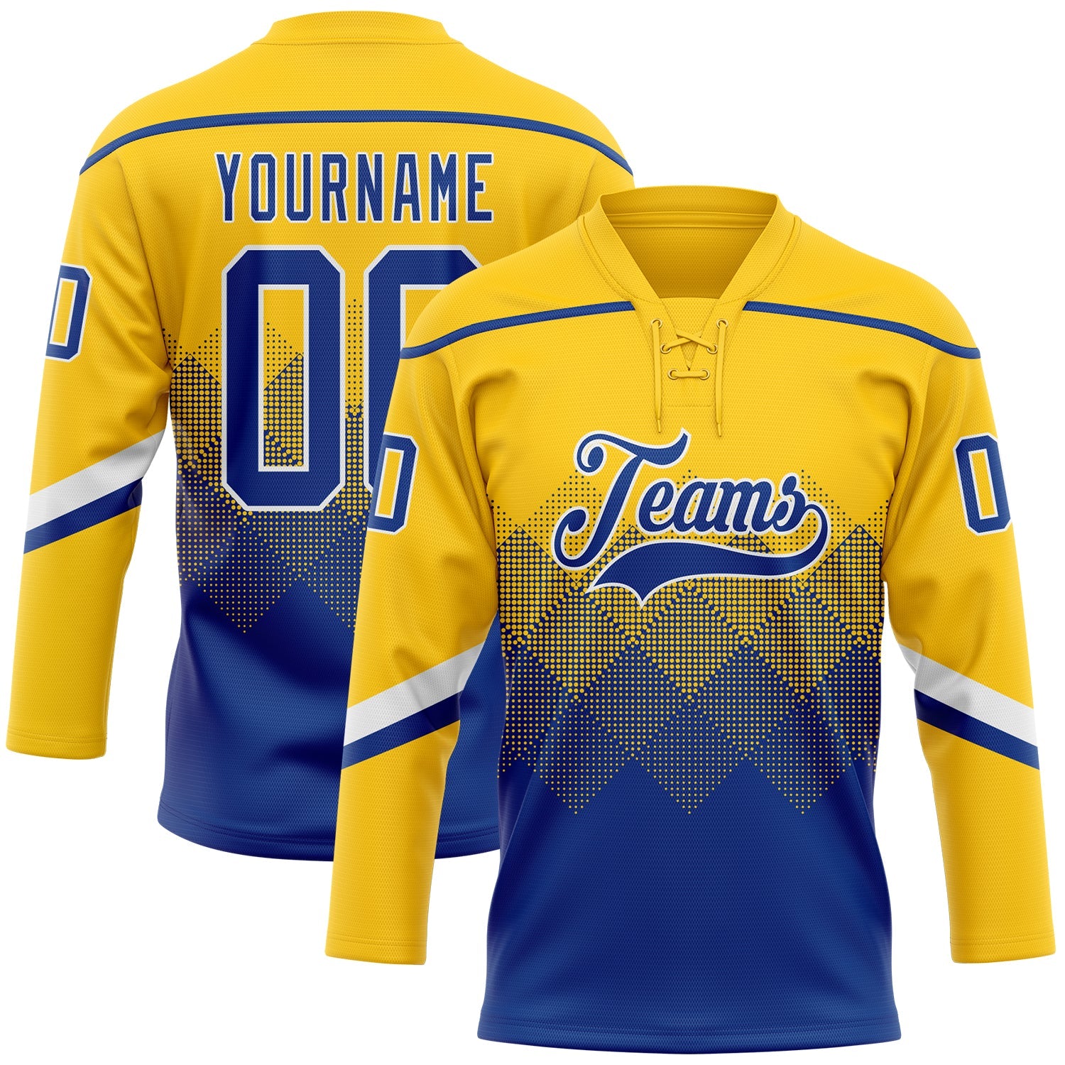 Custom Yellow Royal-White 3D Pattern Gradient Square Shapes Hockey Lace Neck Jersey - Main View