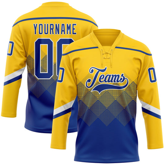 Custom Yellow Royal-White 3D Pattern Gradient Square Shapes Hockey Lace Neck Jersey - Main View