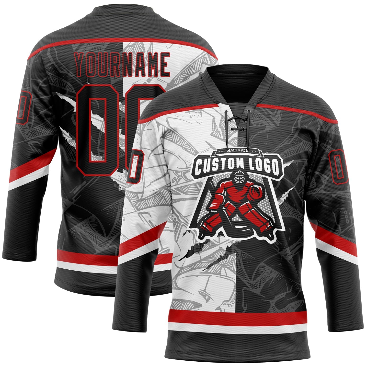 Custom Black White-Red 3D Pattern Gradient Fashion Scratch Hockey Lace Neck Jersey view 2