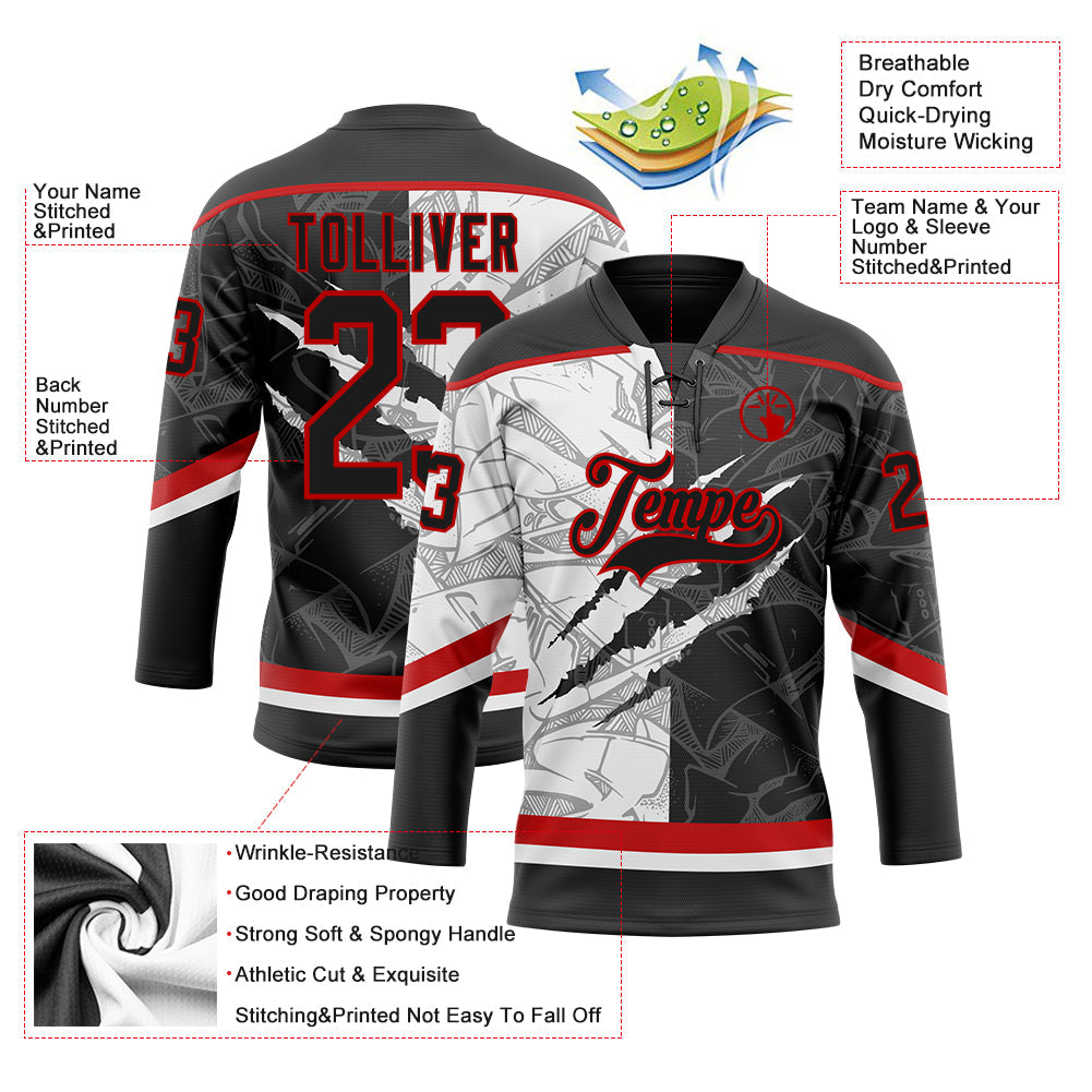 Custom Black White-Red 3D Pattern Gradient Fashion Scratch Hockey Lace Neck Jersey view 3