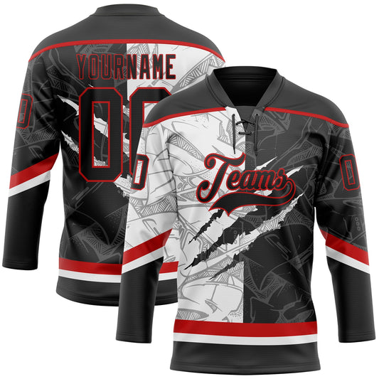 Custom Black White-Red 3D Pattern Gradient Fashion Scratch Hockey Lace Neck Jersey - Main View
