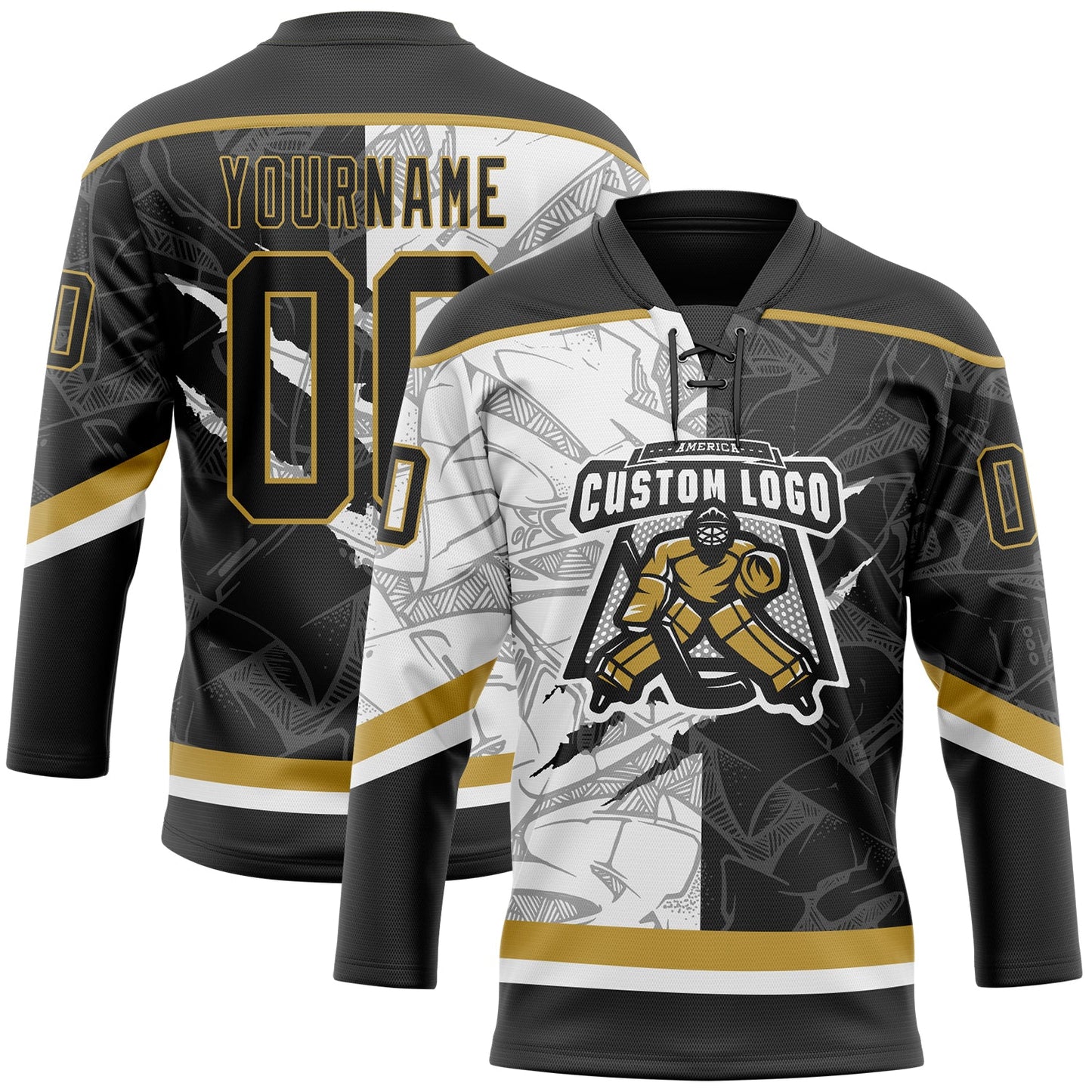 Custom Black White-Old Gold 3D Pattern Gradient Fashion Scratch Hockey Lace Neck Jersey view 2