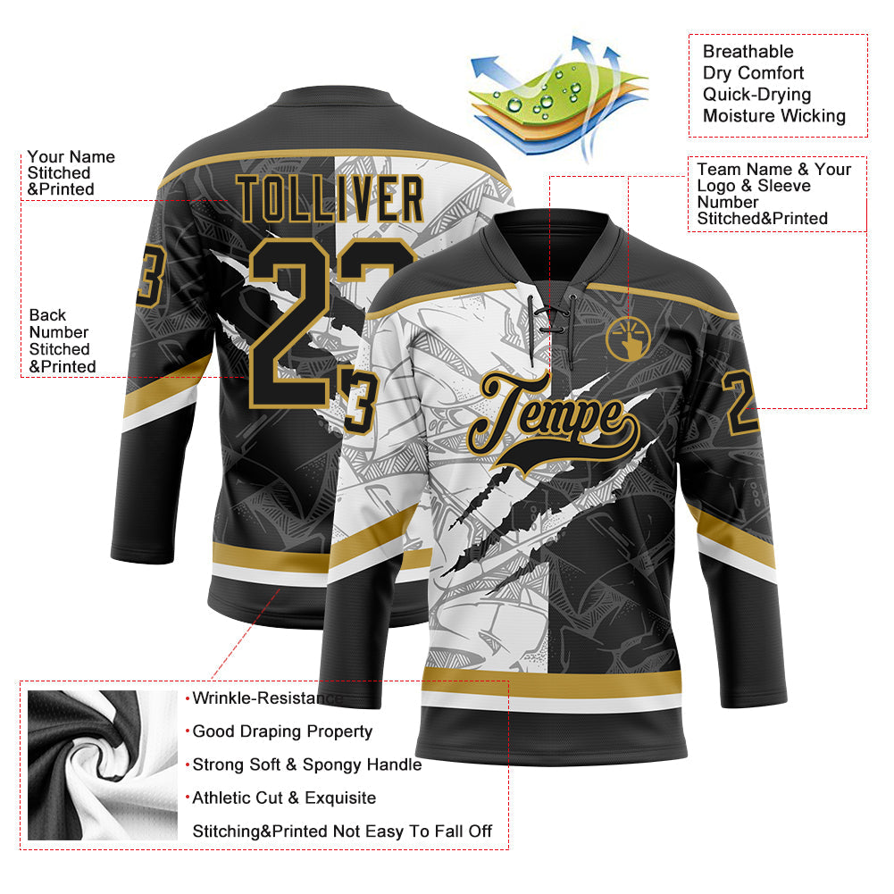 Custom Black White-Old Gold 3D Pattern Gradient Fashion Scratch Hockey Lace Neck Jersey view 3