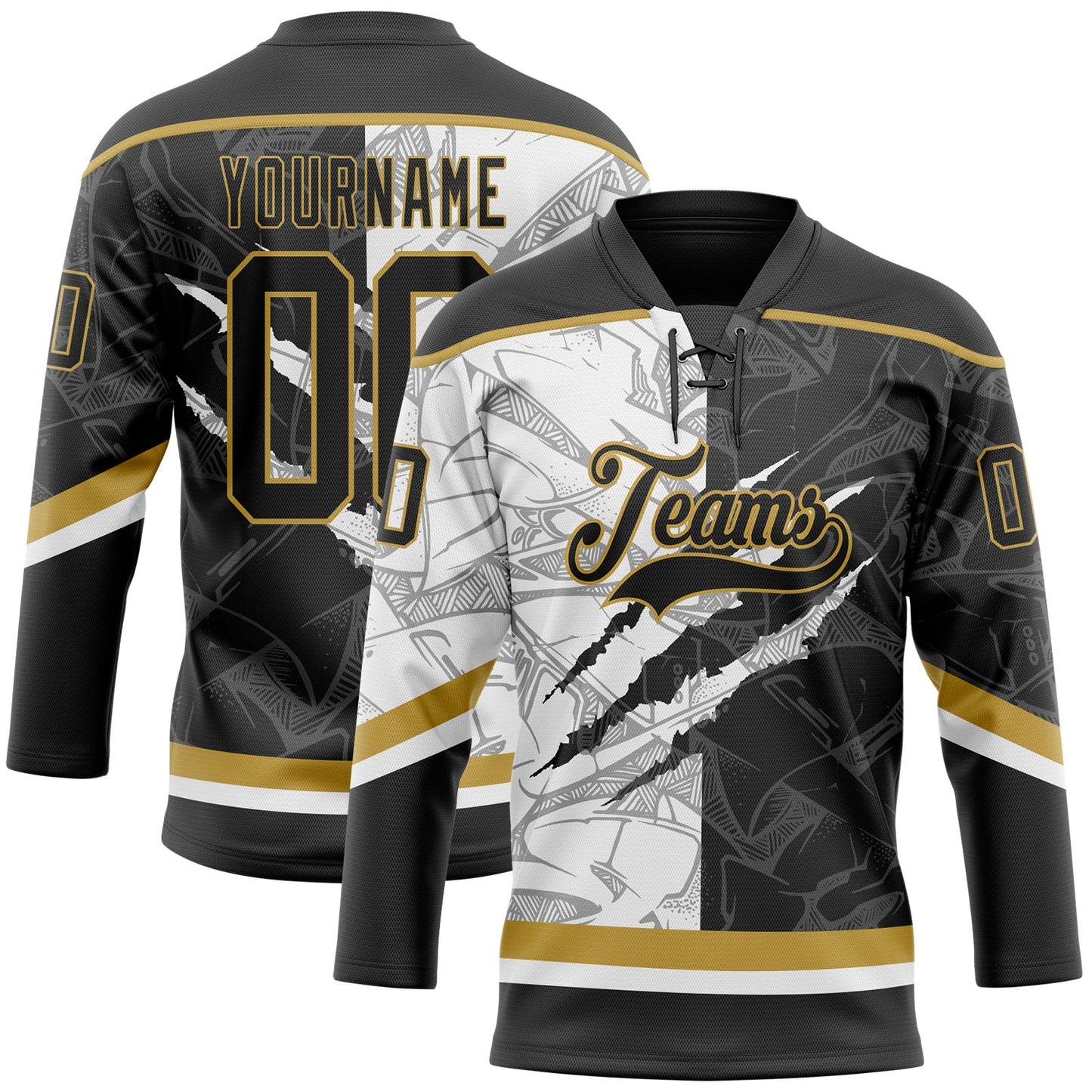 Custom Black White-Old Gold 3D Pattern Gradient Fashion Scratch Hockey Lace Neck Jersey - Main View