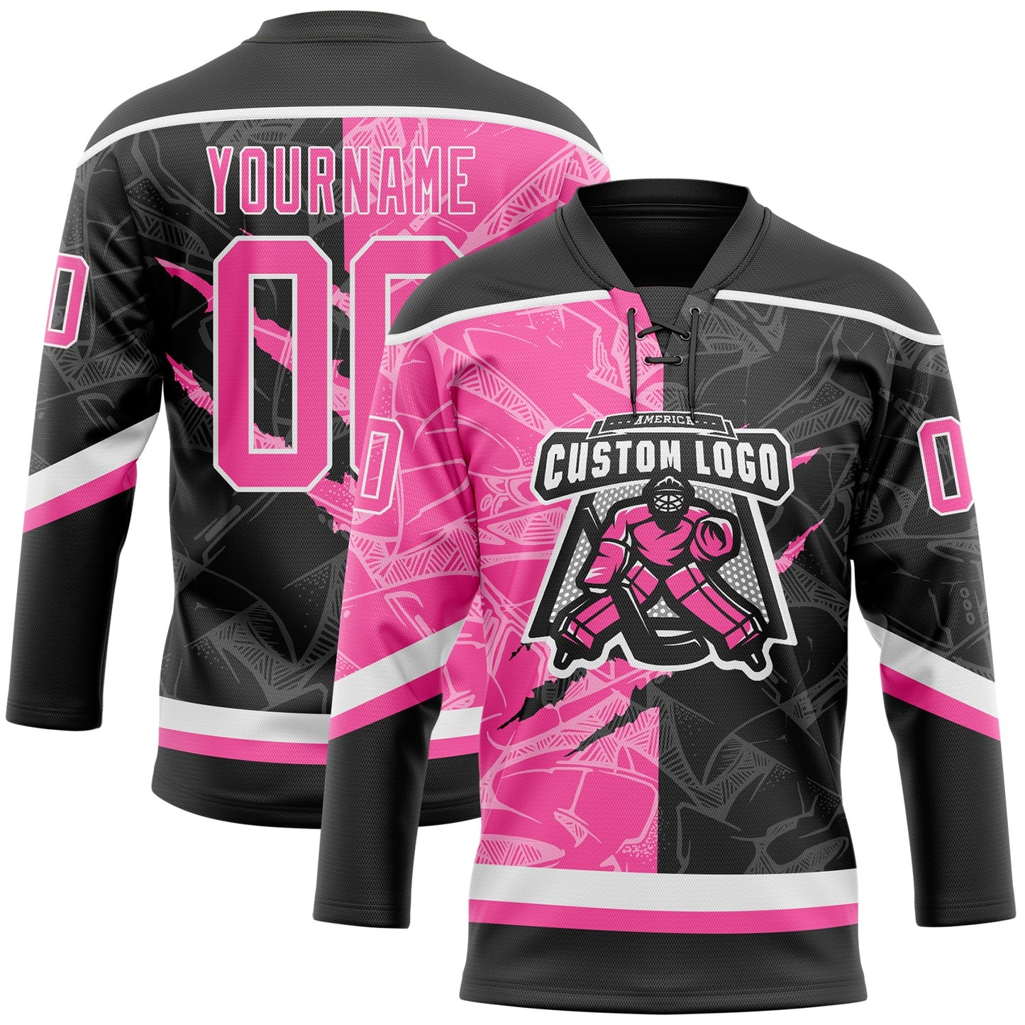 Custom Black Pink-White 3D Pattern Gradient Fashion Scratch Hockey Lace Neck Jersey view 2