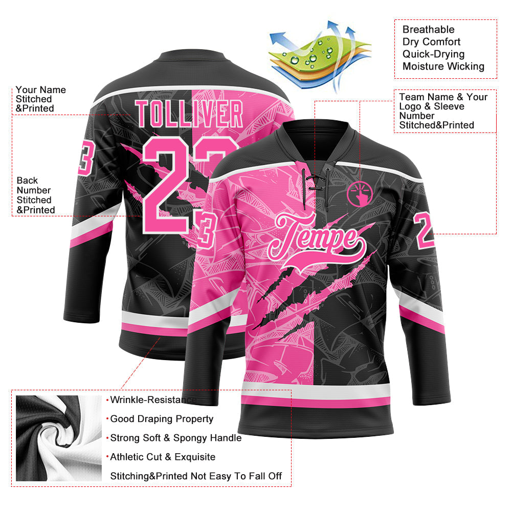 Custom Black Pink-White 3D Pattern Gradient Fashion Scratch Hockey Lace Neck Jersey view 3
