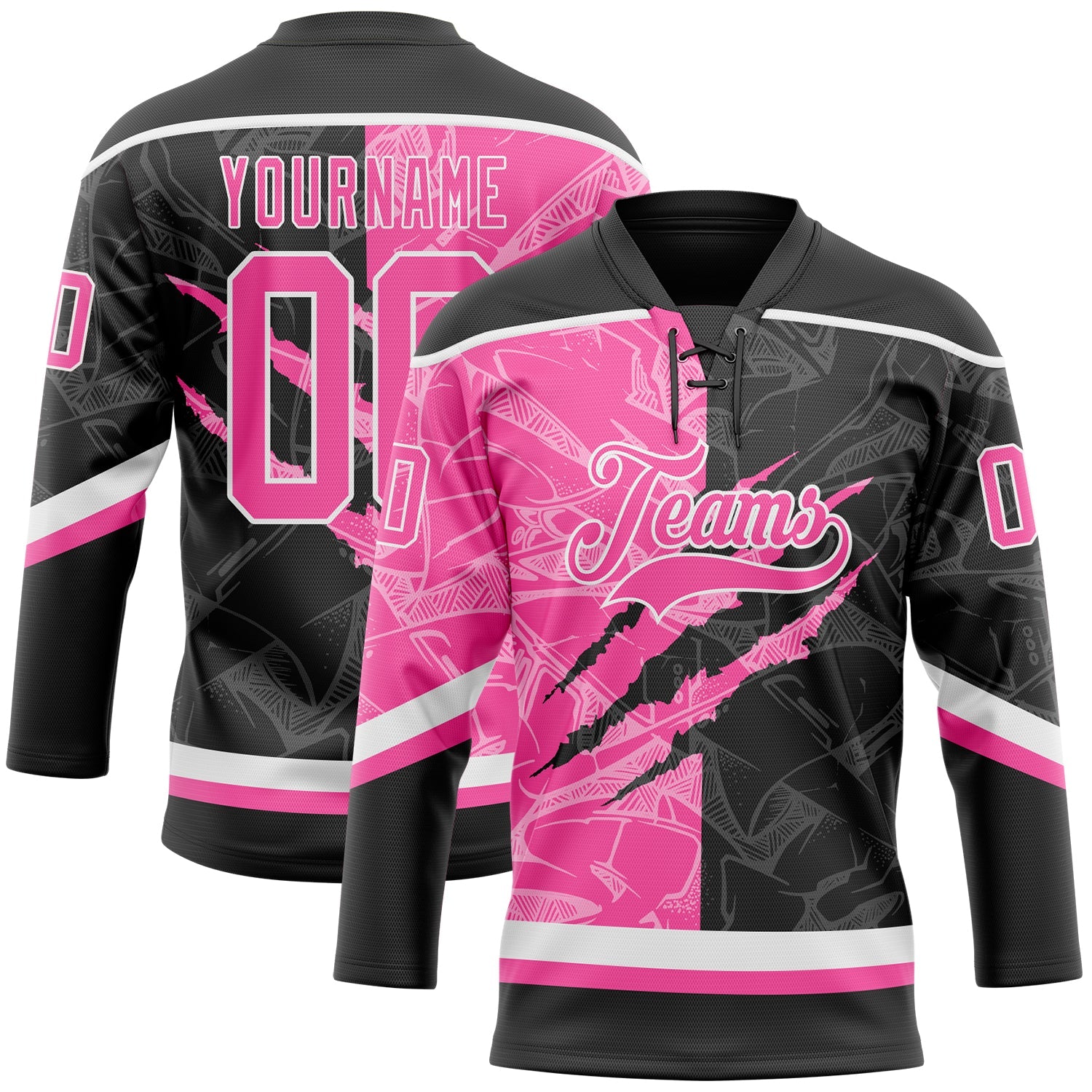 Custom Black Pink-White 3D Pattern Gradient Fashion Scratch Hockey Lace Neck Jersey - Main View