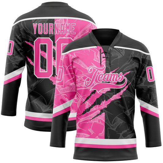 Custom Black Pink-White 3D Pattern Gradient Fashion Scratch Hockey Lace Neck Jersey - Main View