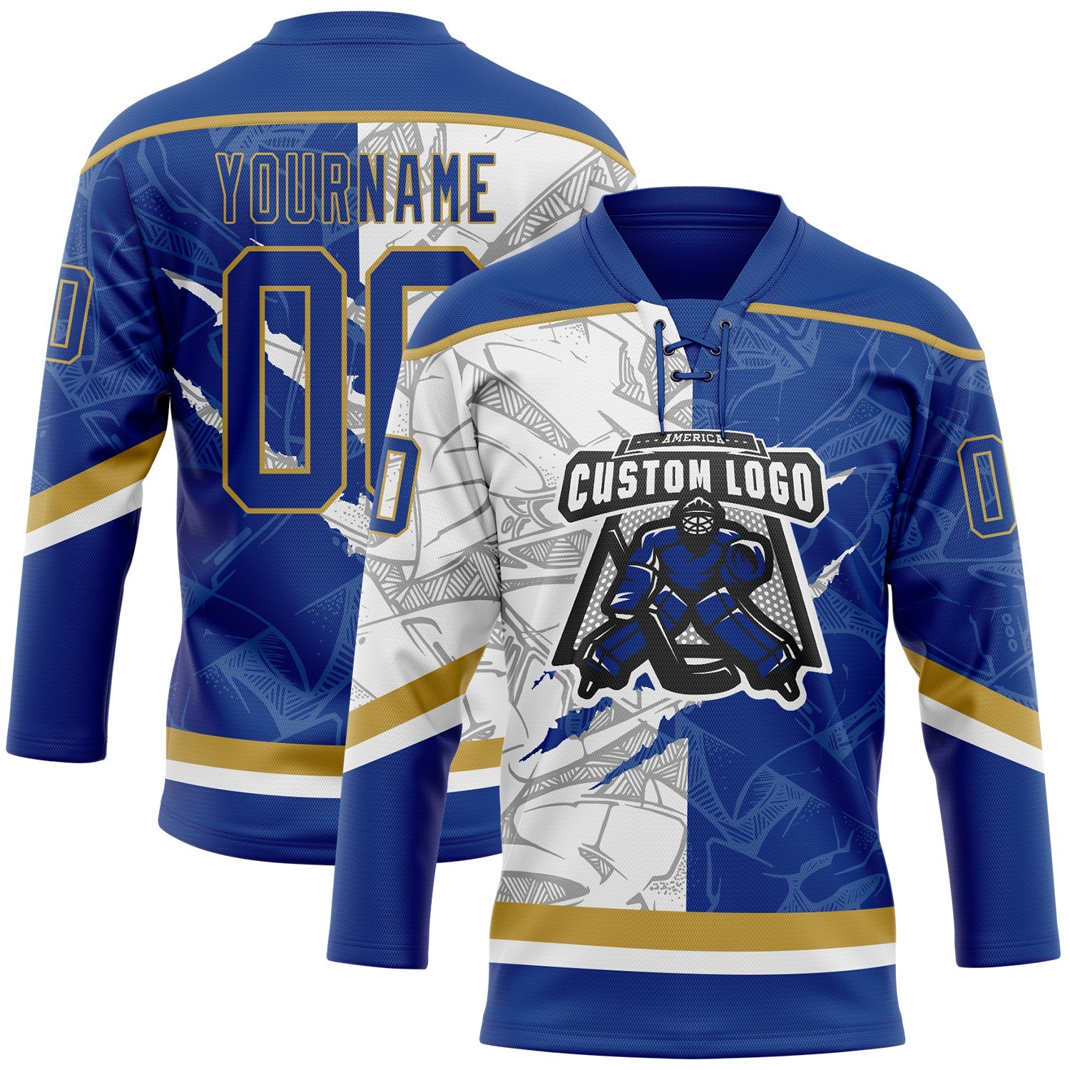 Custom Royal White-Old Gold 3D Pattern Gradient Fashion Scratch Hockey Lace Neck Jersey view 2