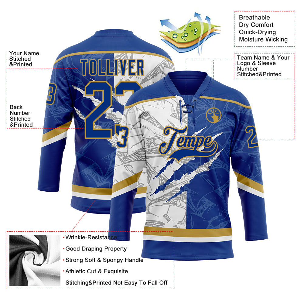 Custom Royal White-Old Gold 3D Pattern Gradient Fashion Scratch Hockey Lace Neck Jersey view 3