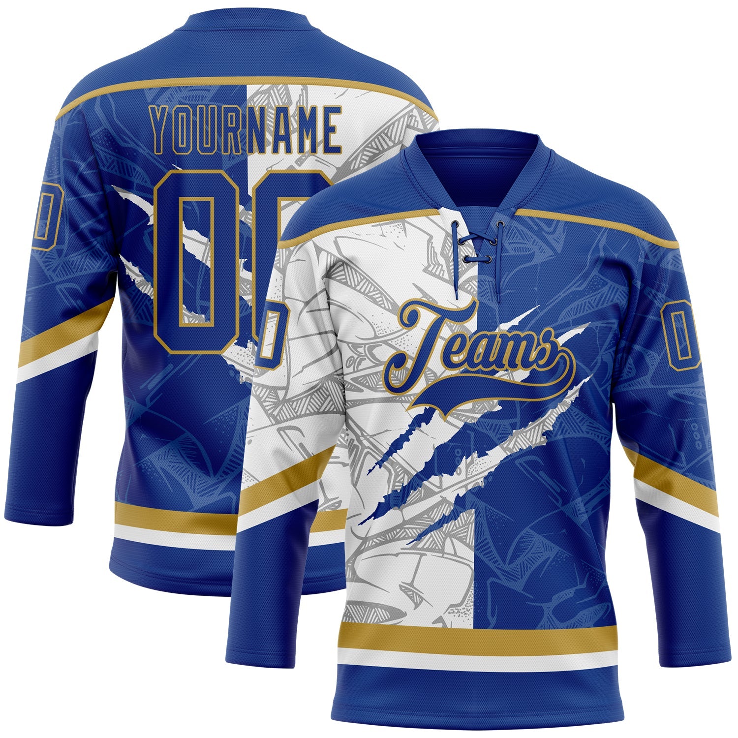 Custom Royal White-Old Gold 3D Pattern Gradient Fashion Scratch Hockey Lace Neck Jersey - Main View