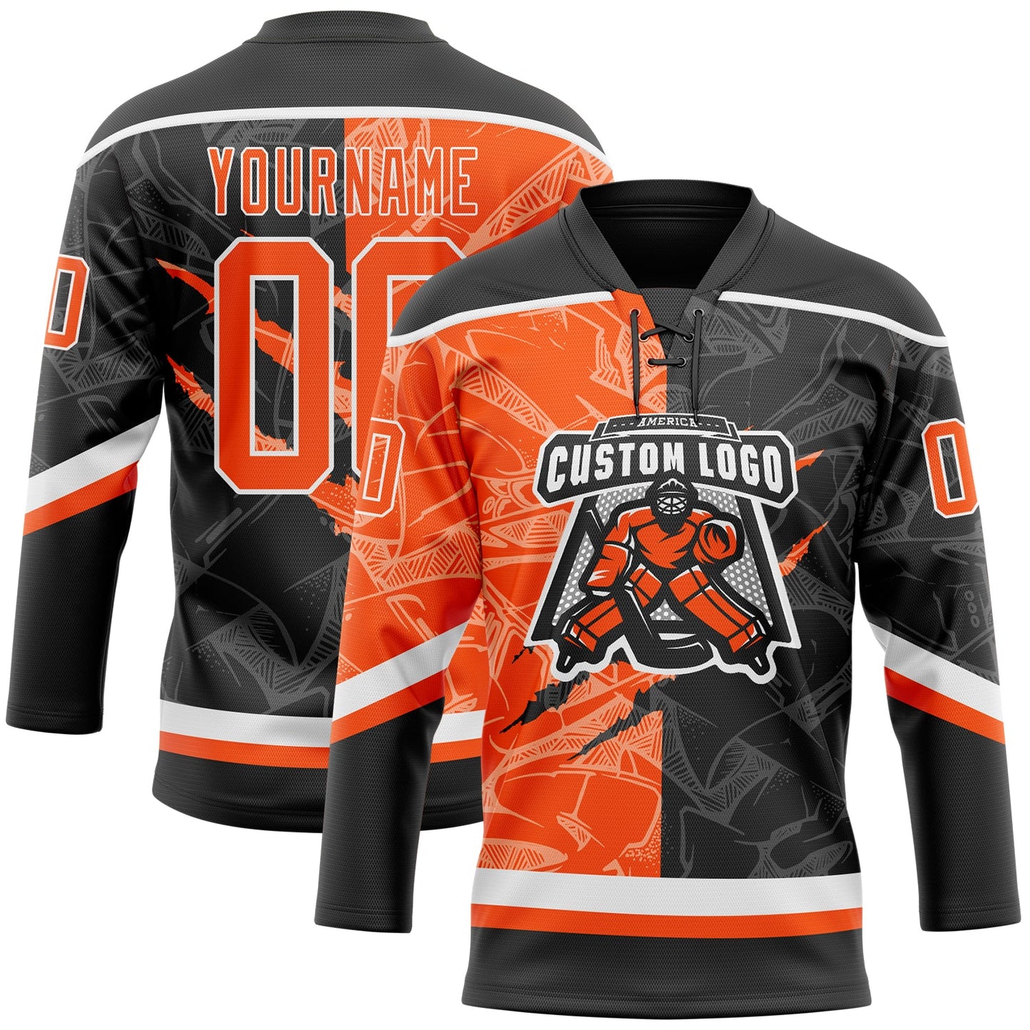 Custom Black Orange-White 3D Pattern Gradient Fashion Scratch Hockey Lace Neck Jersey view 2