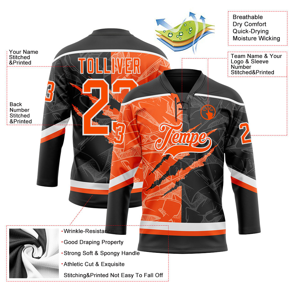 Custom Black Orange-White 3D Pattern Gradient Fashion Scratch Hockey Lace Neck Jersey view 3