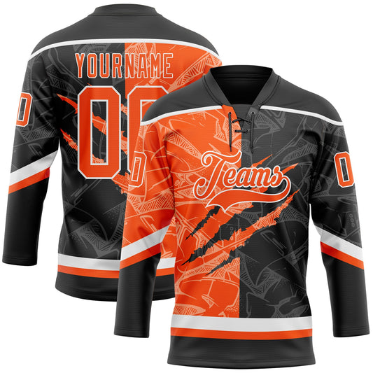 Custom Black Orange-White 3D Pattern Gradient Fashion Scratch Hockey Lace Neck Jersey - Main View