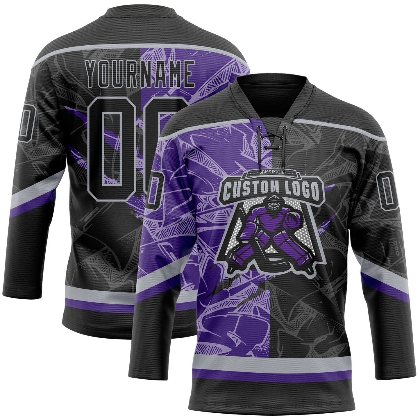 Custom Black Purple-Gray 3D Pattern Gradient Fashion Scratch Hockey Lace Neck Jersey view 2