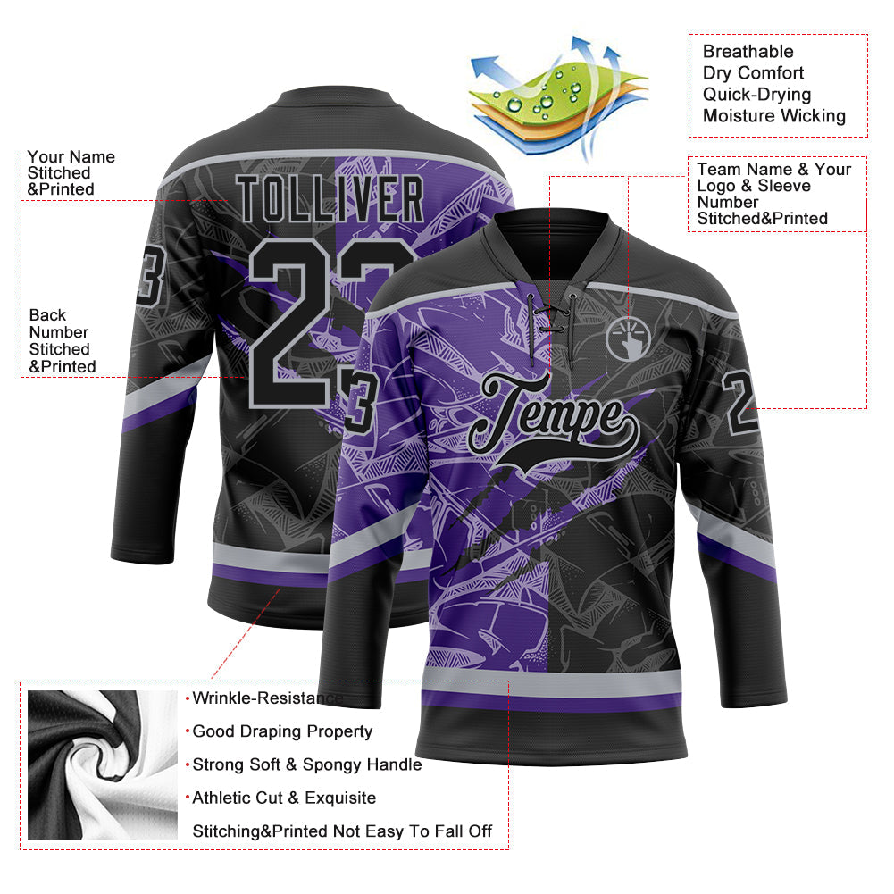 Custom Black Purple-Gray 3D Pattern Gradient Fashion Scratch Hockey Lace Neck Jersey view 3