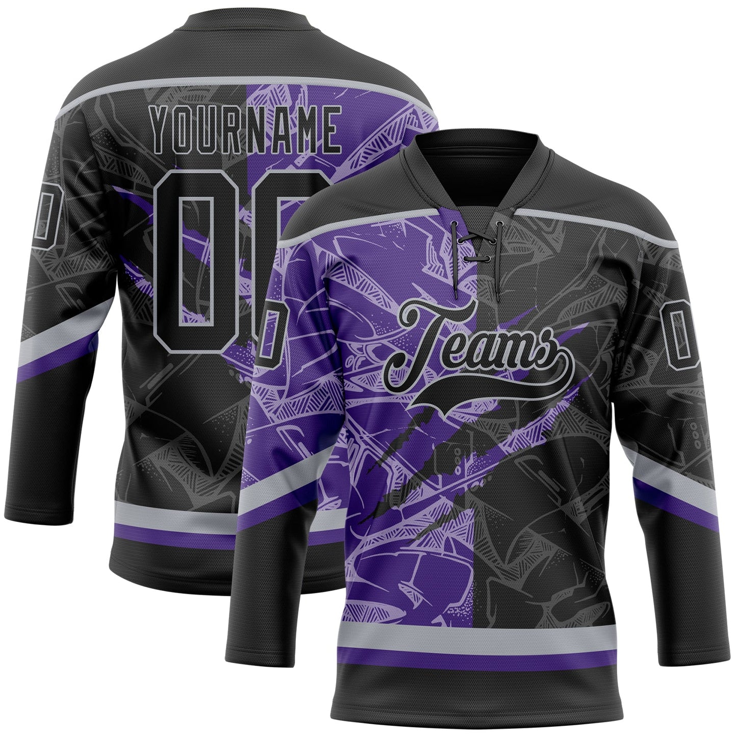 Custom Black Purple-Gray 3D Pattern Gradient Fashion Scratch Hockey Lace Neck Jersey - Main View