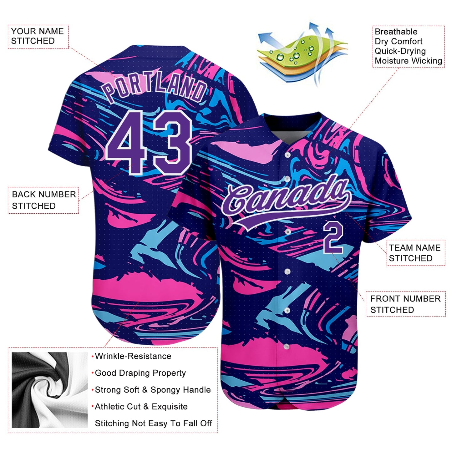 Custom Figure Purple-White 3D Pattern Design Authentic Baseball Jersey view 3
