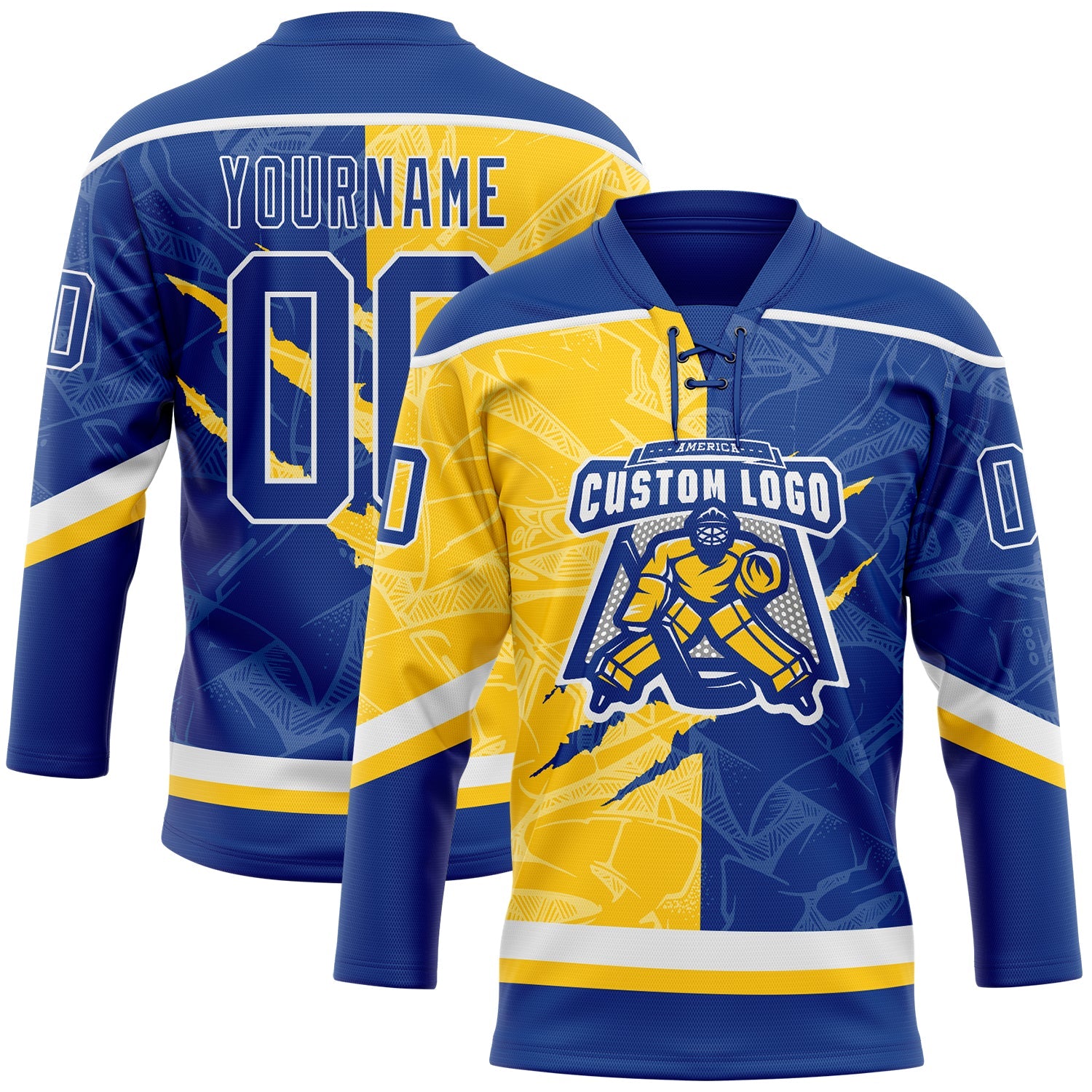 Custom Royal Yellow-White 3D Pattern Gradient Fashion Scratch Hockey Lace Neck Jersey view 2