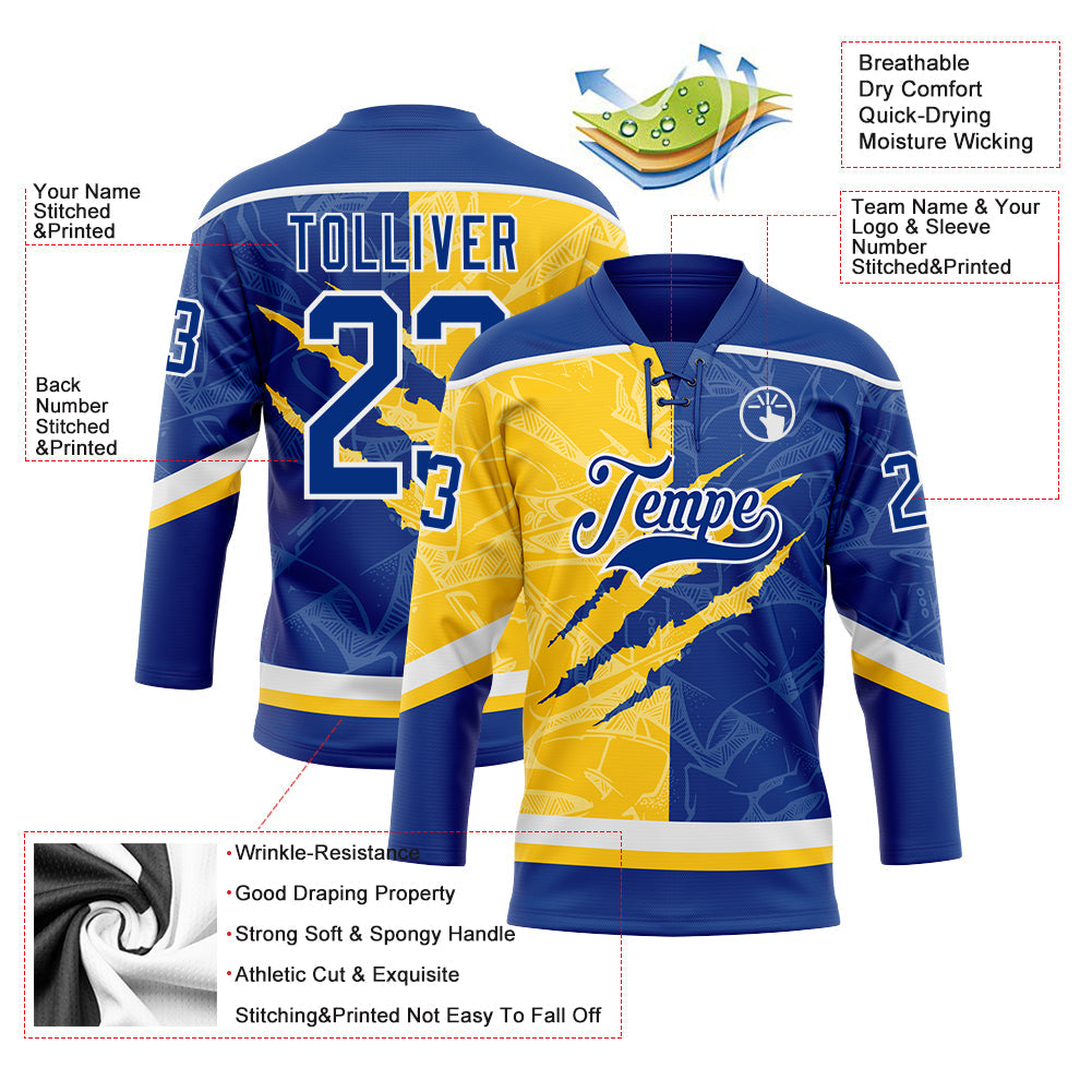 Custom Royal Yellow-White 3D Pattern Gradient Fashion Scratch Hockey Lace Neck Jersey view 3