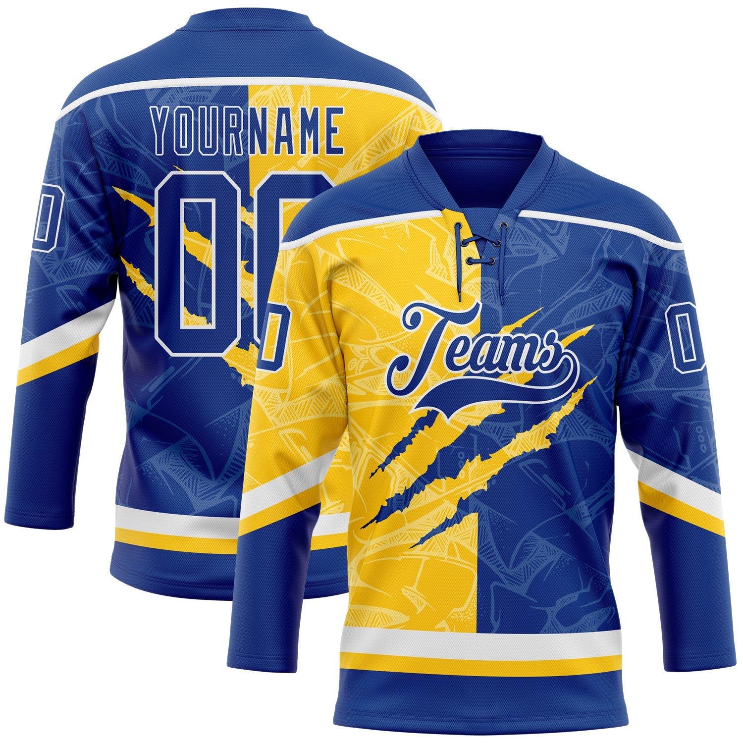 Custom Royal Yellow-White 3D Pattern Gradient Fashion Scratch Hockey Lace Neck Jersey - Main View