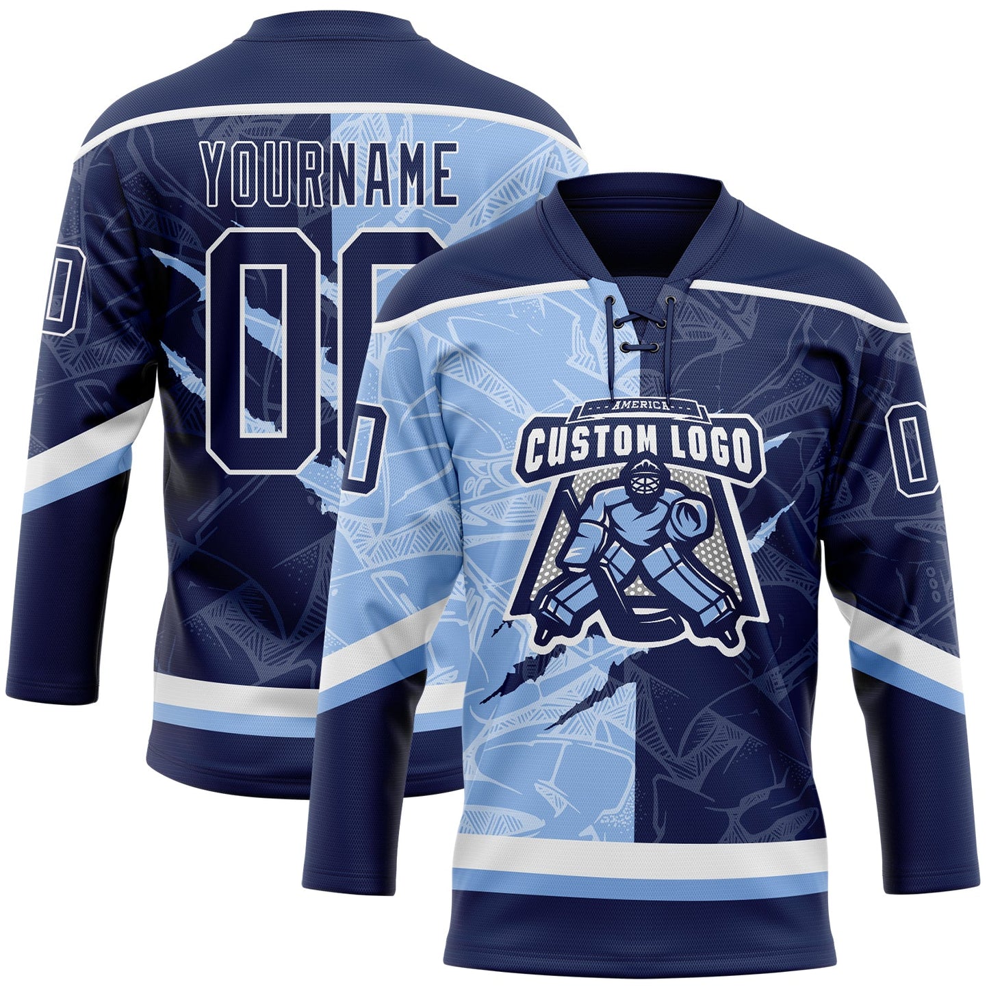 Custom Navy Light Blue-White 3D Pattern Gradient Fashion Scratch Hockey Lace Neck Jersey view 2